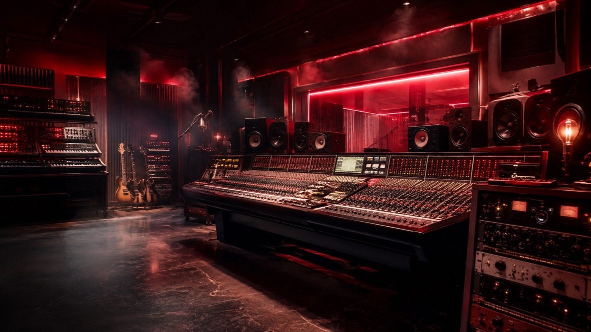 A recording studio console under red light, from A Squared Studios's studio imagery