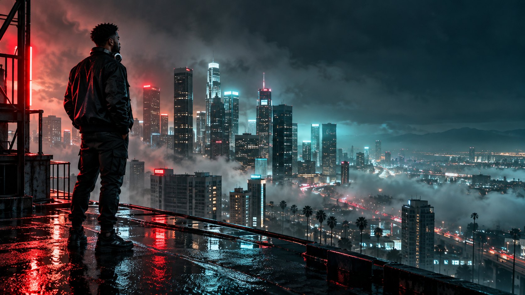 Kario Voss on a rooftop at night looking out over the Los Angeles skyline