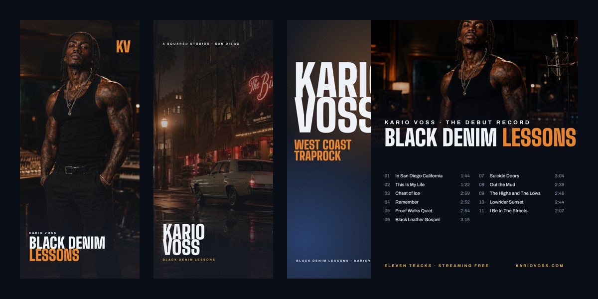 The pack: three phone wallpapers and the tracklist card in the Kario Voss look