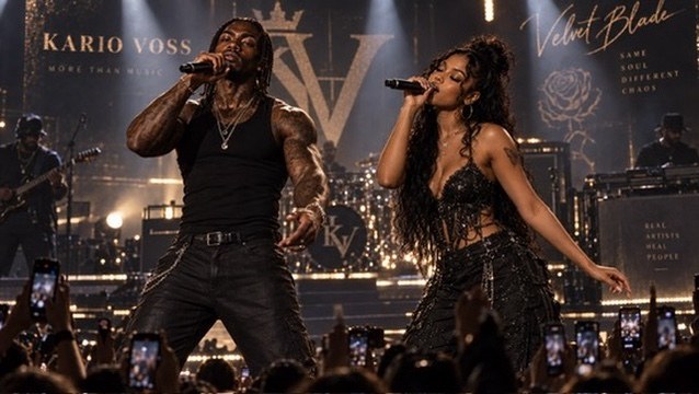 Kario Voss and Velvet Blade on stage together under gold light, phones raised in the crowd