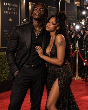 Kario Voss in a black suit and Velvet Blade in a sequined gown on a red carpet