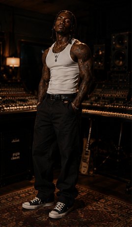 Kario Voss in a white tank top standing by a studio console