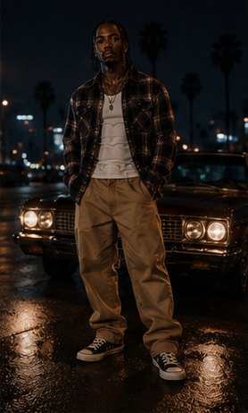 Kario Voss in a plaid shirt in front of a lowrider under palm trees at night