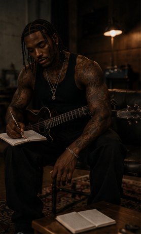 Kario Voss seated with a guitar, writing in a notebook