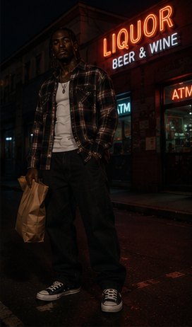 Kario Voss outside a liquor store under a red neon sign