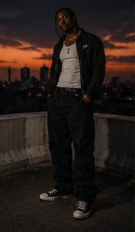 Kario Voss on a rooftop at sunset over the city