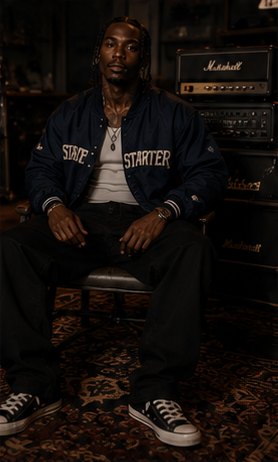 Kario Voss in a navy Starter jacket seated by a Marshall stack