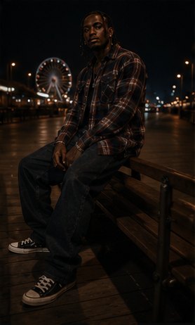 Kario Voss on a bench by the pier, the Ferris wheel lit behind him