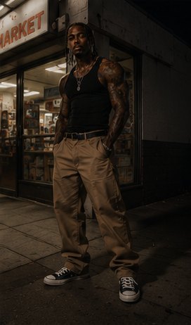 Kario Voss in a black tank top outside a corner market