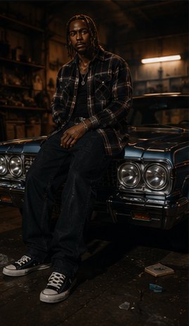 Kario Voss sitting on the hood of a lowrider in a garage