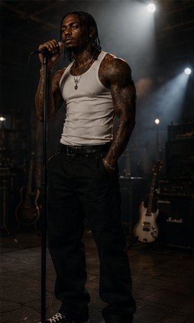 Kario Voss at a mic stand under a single spotlight