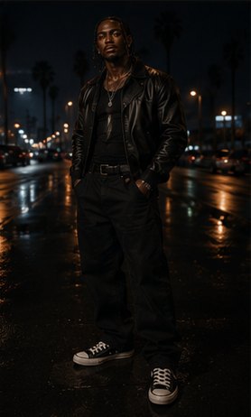 Kario Voss in a leather jacket on a rain-soaked street at night