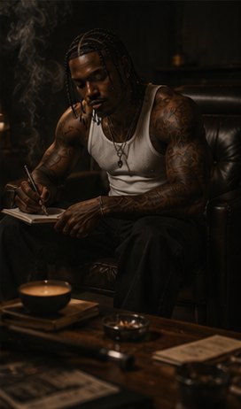 Kario Voss writing in a notebook, smoke in the lamplight