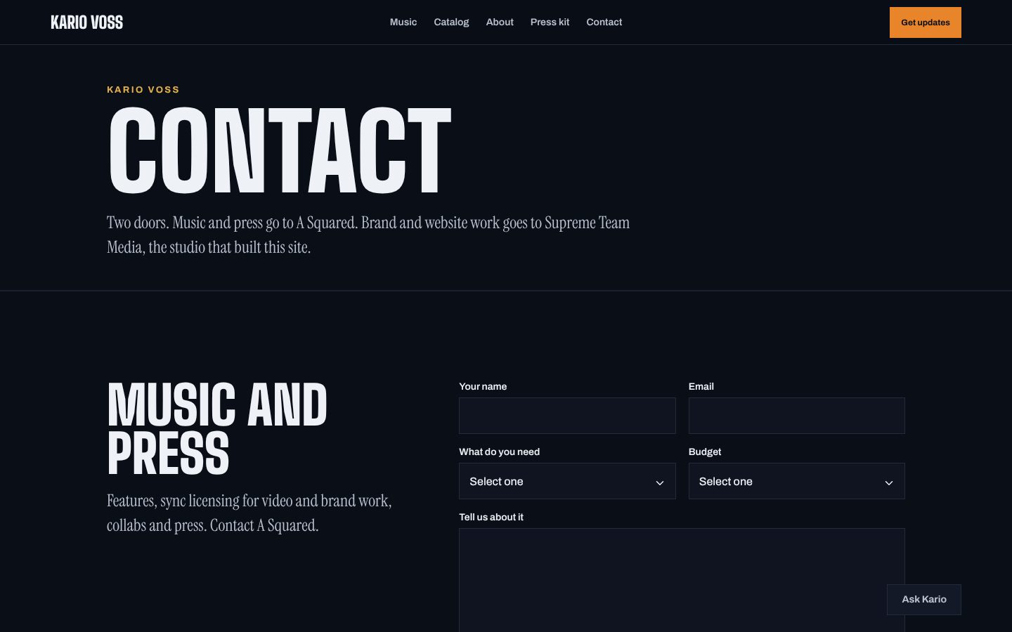 The contact page: two forms, one for music and press, one for brand and website
