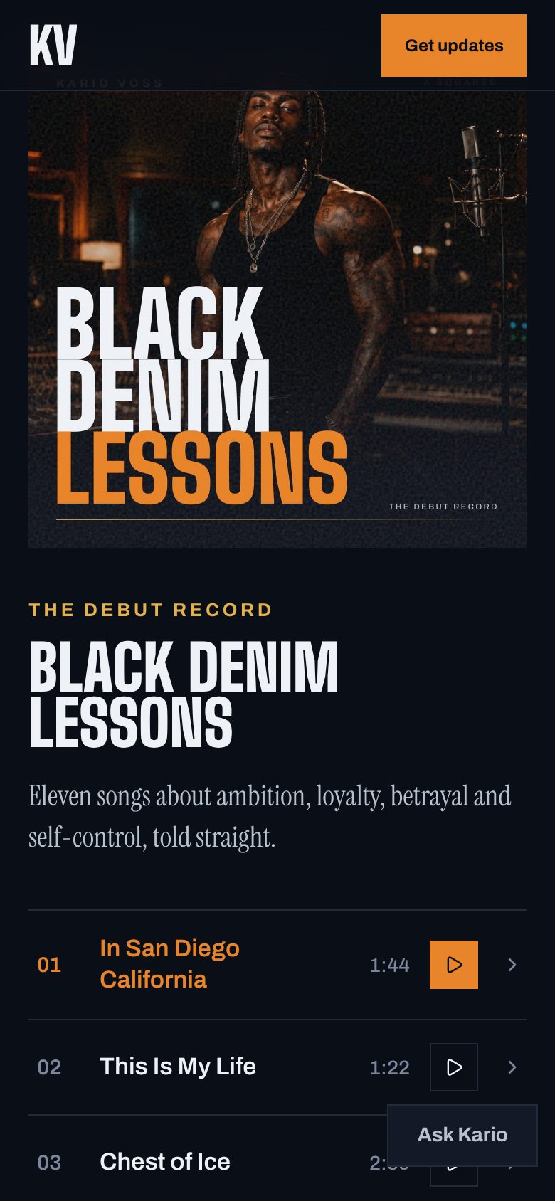 The record section on a phone: tracklist with play on every row, waveform and transport