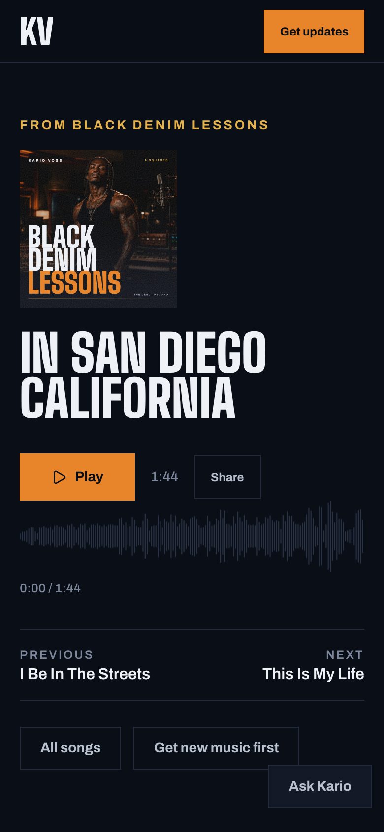 A song page on a phone with its own waveform, share button and neighbours